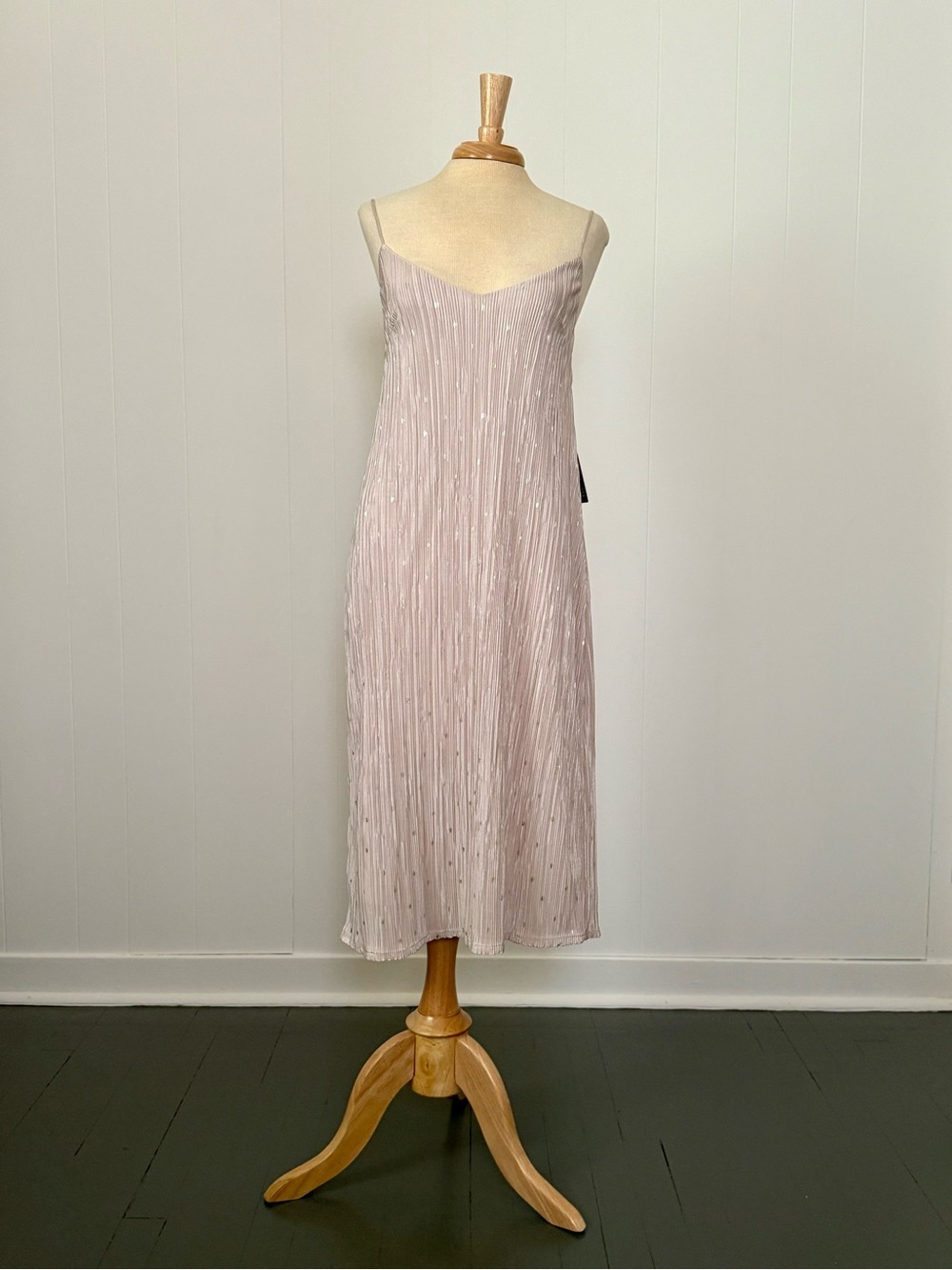 Charming Express Champagne Plissé Midi Slip Dress with Sliver Foil Dots